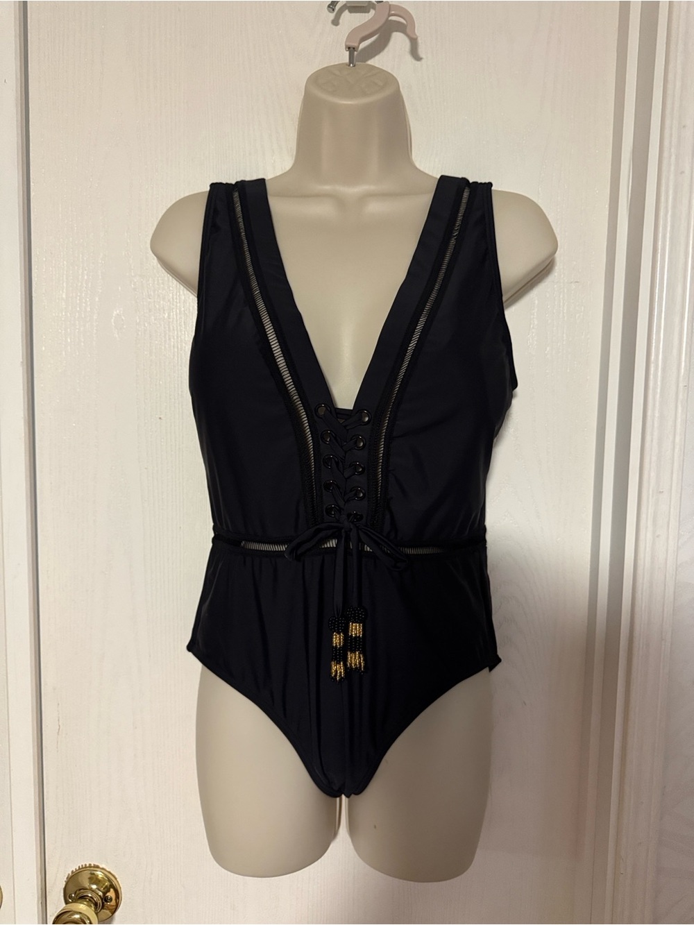 VENUS Black Lace-Up One Piece Swimsuit with Gold Accents
